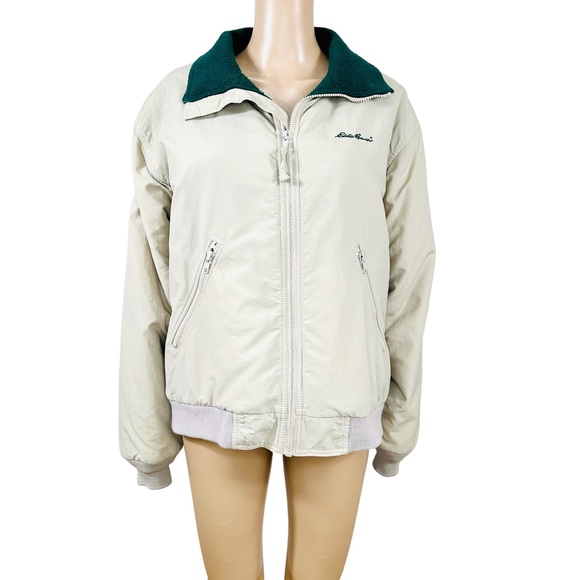 Eddie Bauer beige, tan with green fleece jacket men’s or unisex Sz s - Picture 2 of 13